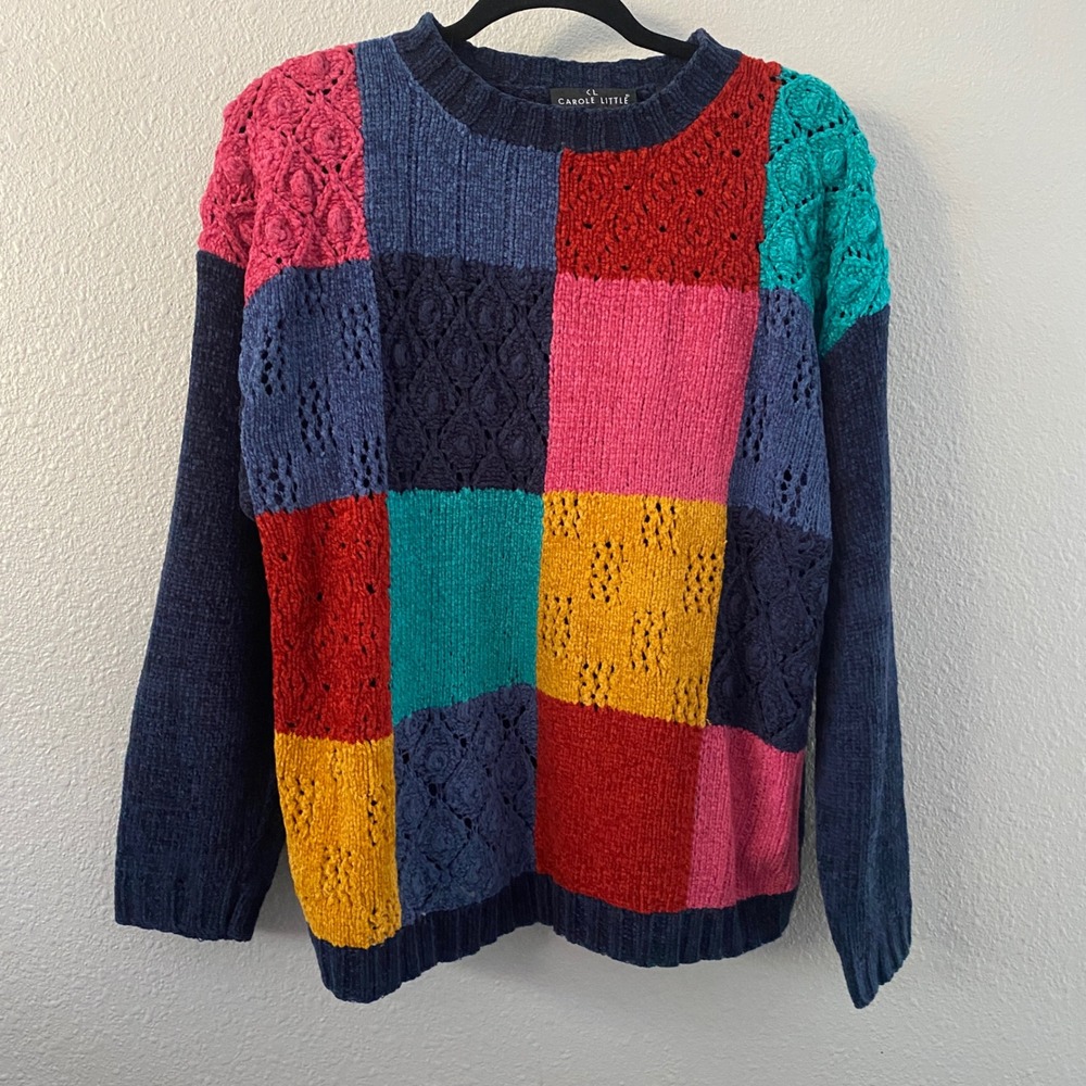 Vintage Patchwork Sweater Small 90s Colorful VTG Autumn Fall Preppy Retro Knit